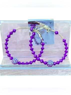 Purple Beaded XL Hoop Earrings with Sparkle Accent